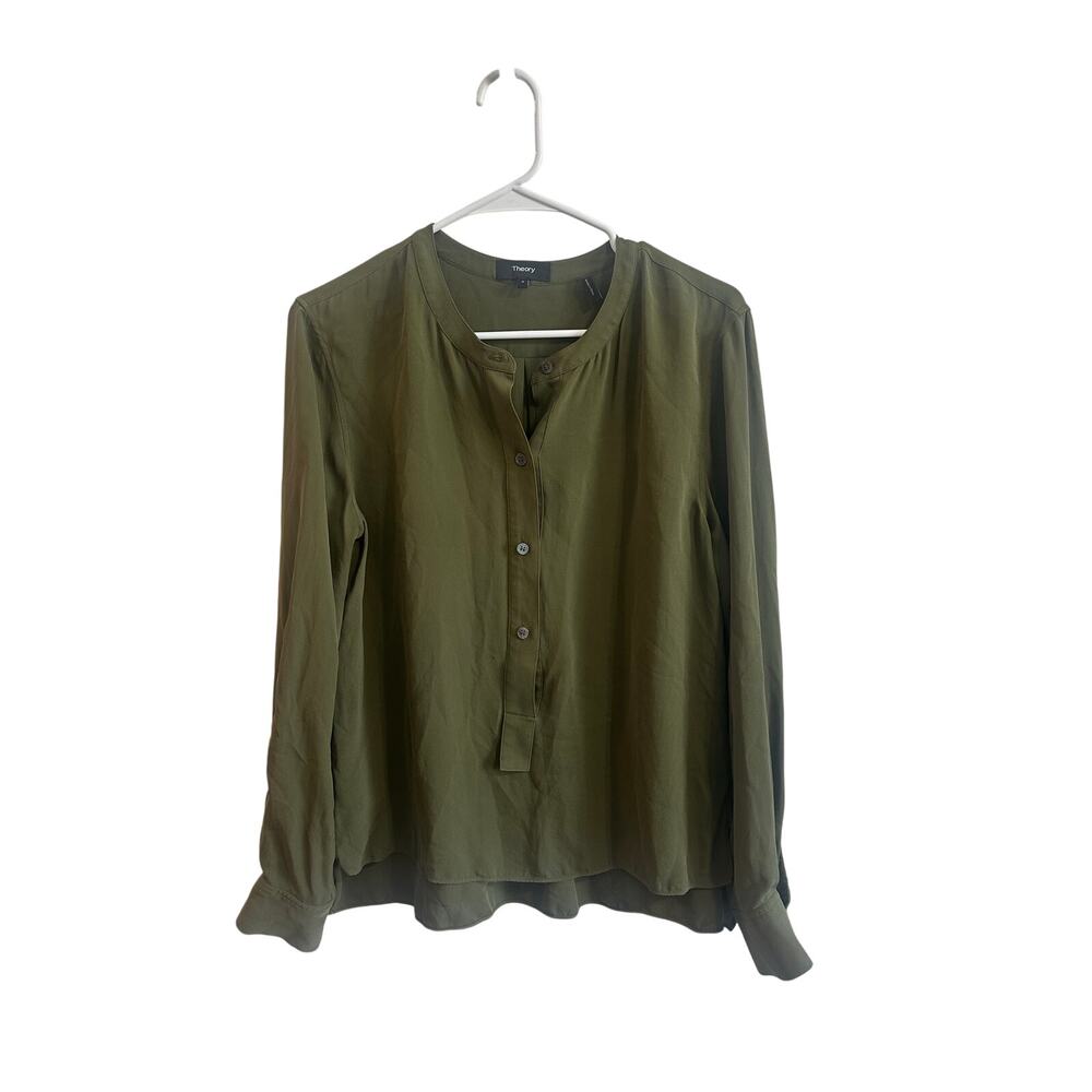Theory 100% Silk Blouse Longsleeve Green Button Up Sz S Great!